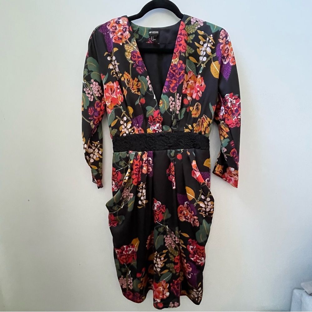 H&M Conscious Floral Satin Dress Size 8 Black Multi Whimsigoth Cocktail kimono - Picture 12 of 16